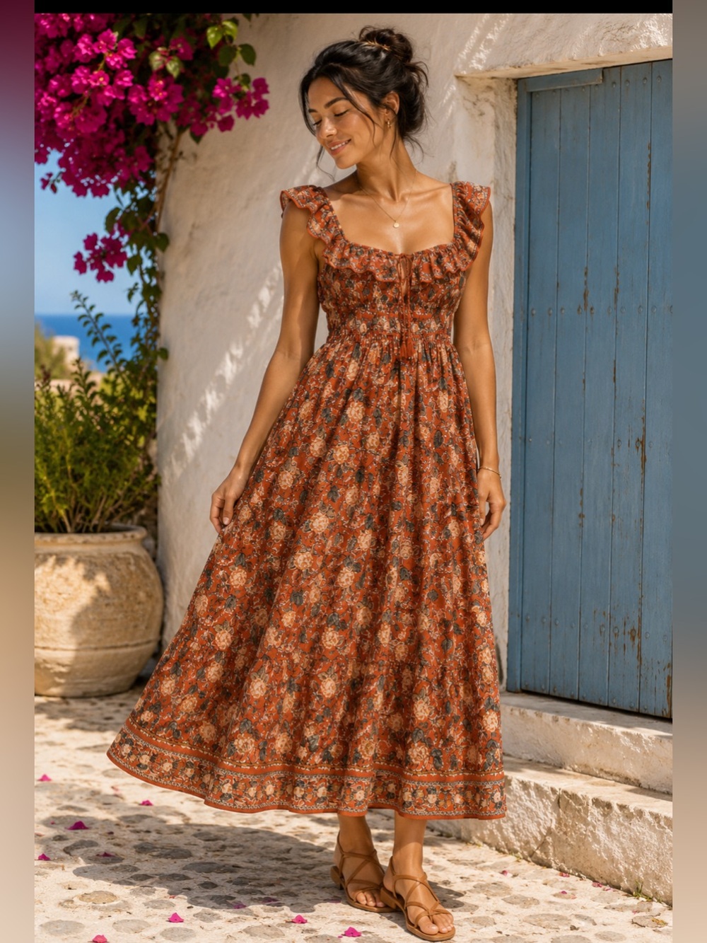 Sz XS MAX STUDIO BURNT ORANGE TERRACOTA FLORAL SHEER SLEEVE MIDI DRESS
